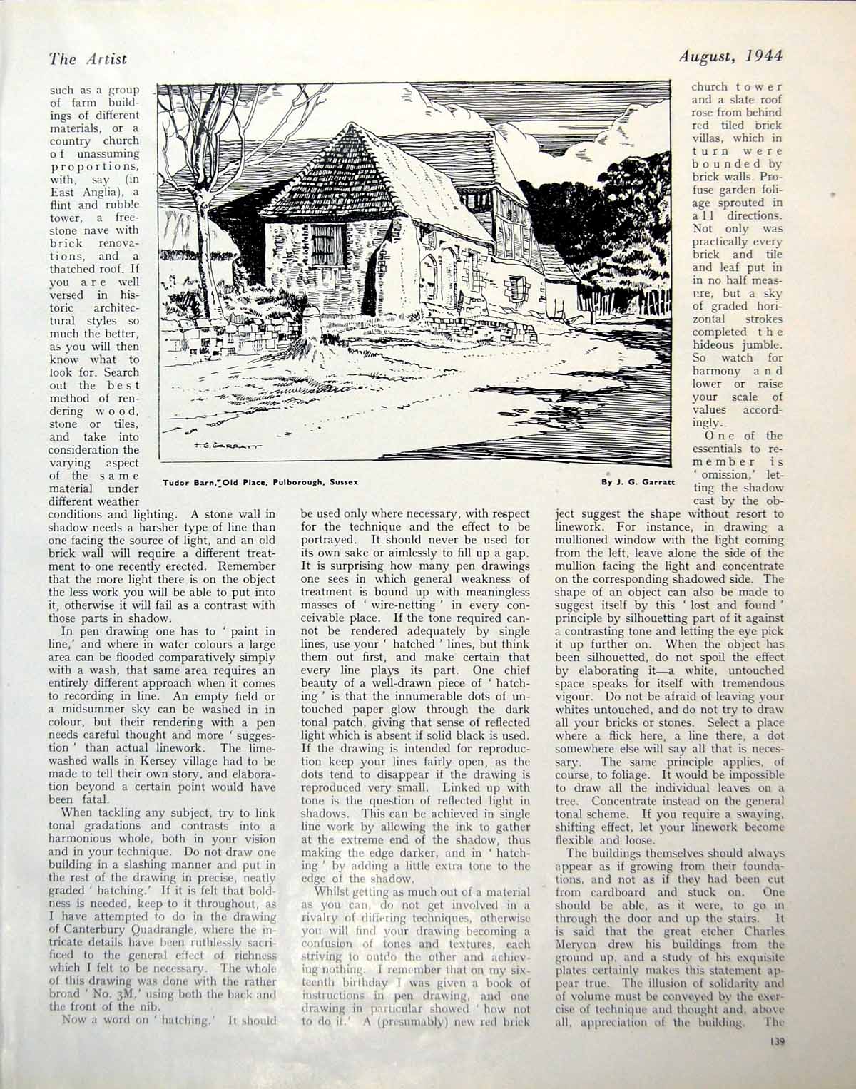 Antique Old Print Tudor Barn Place Sussex St Edmund Hall Oxford Garratt 1944