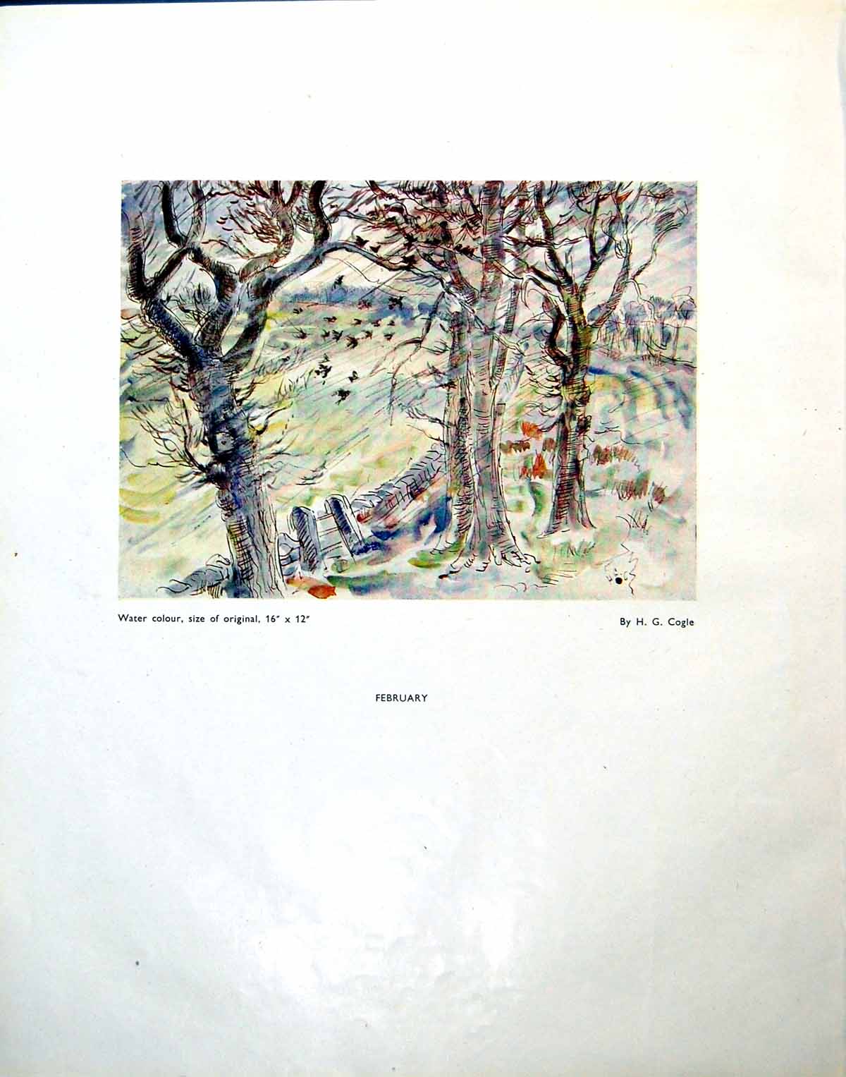 Old Print February Hg Cogle Trees Birds The Fowler Man Heavy Jacket 1944 20th