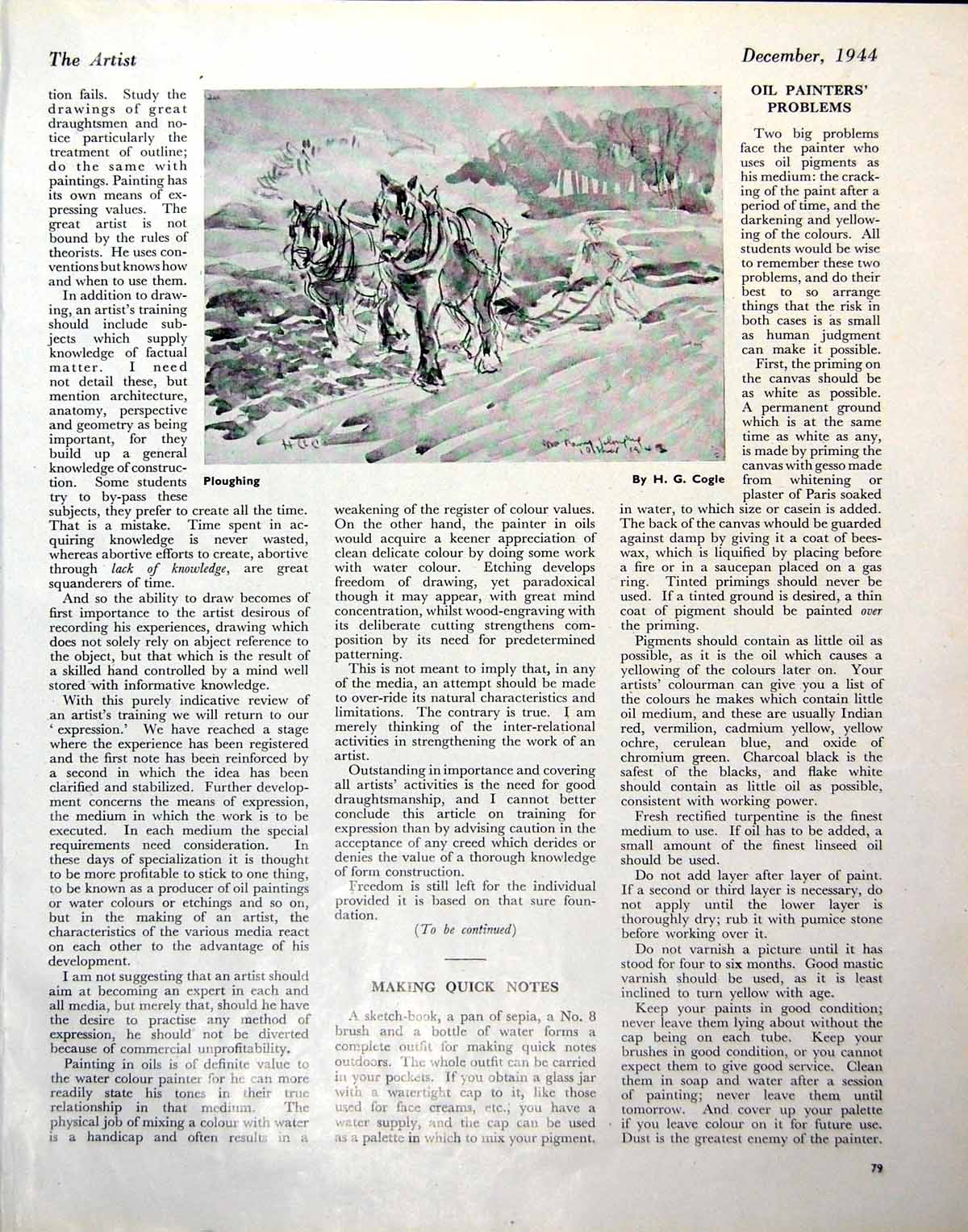 Antique Print Ploughing Hg Cogle Horses Finishing Framed Watercolours 1944