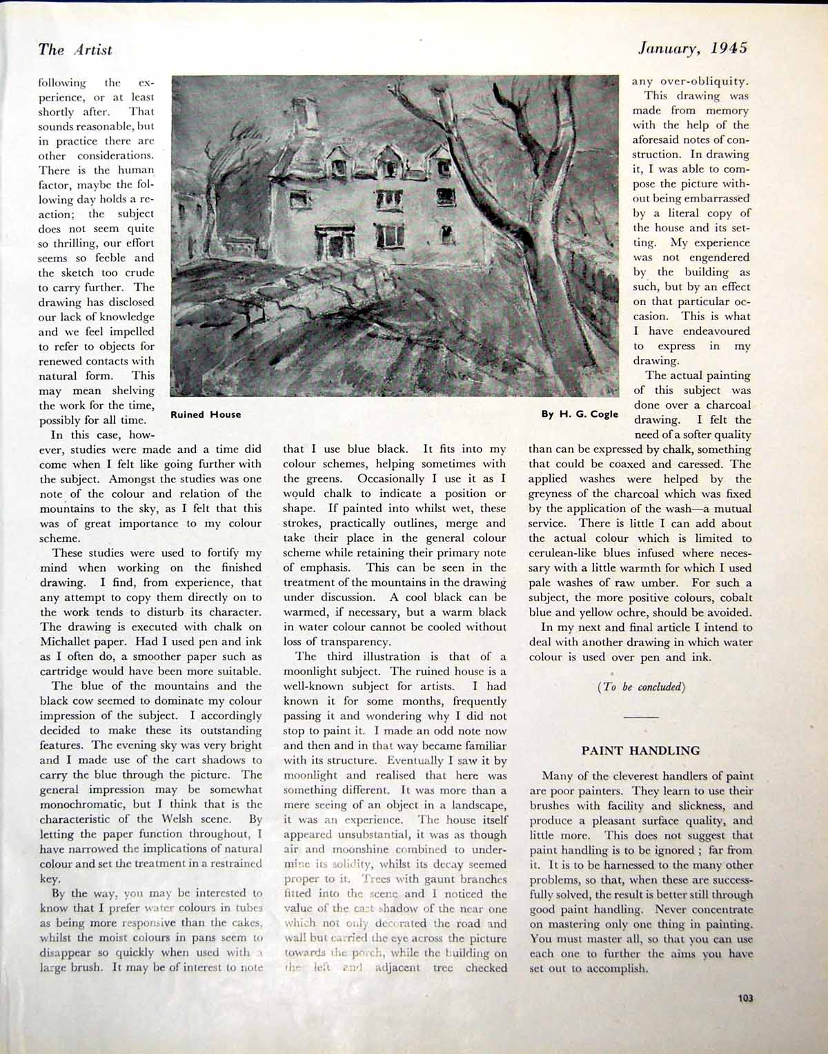 Antique Old Print Runied House Hg Cogle Action Light Particle Pigment 1945
