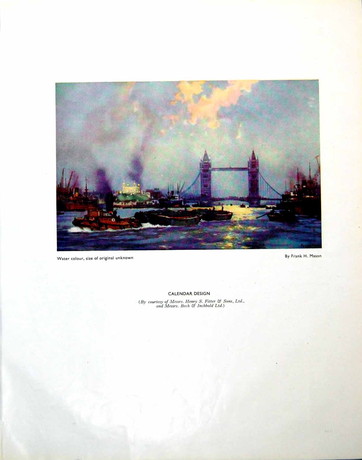 Antique Print Calendar Design Tower Bridge London River Boats Fh Mason 1945