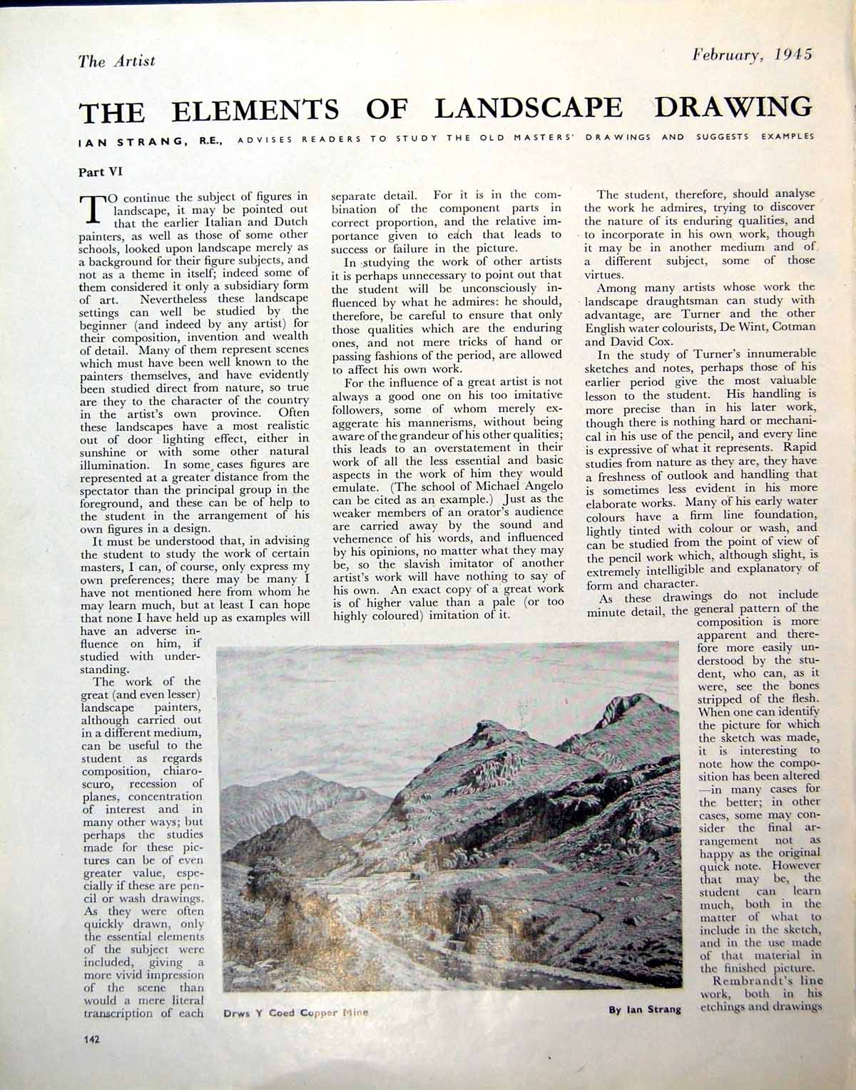 Antique Old Print Drws Y Coed Copper Mine Ian Strang Landscape Drawing 1945