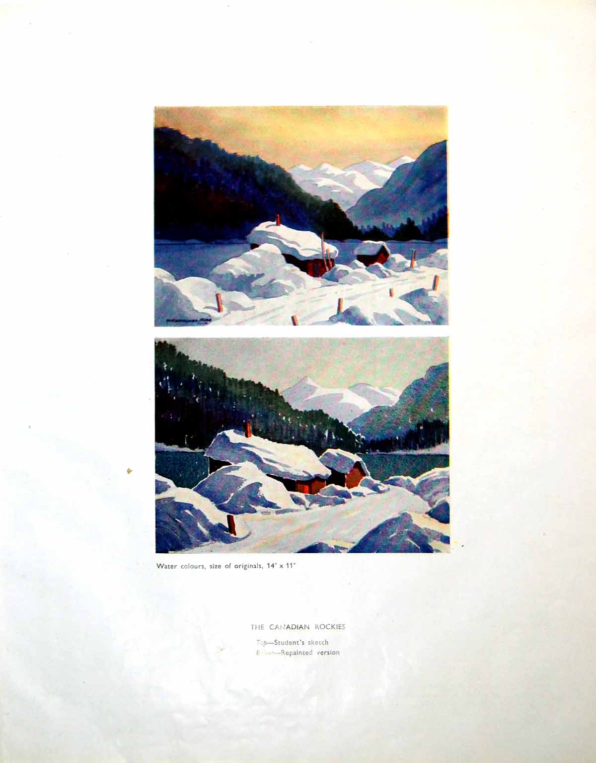 Antique Print Canadian Rockies Student'S Sketch Repainted Version Snow 1946