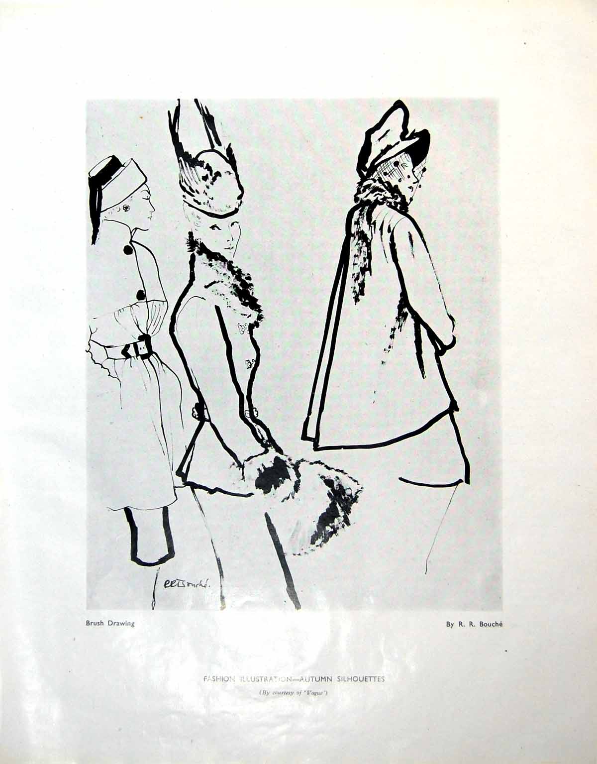Antique Old Print Fashion Autumn Silhouettes Rr Bouche Studio Drawings 1946 0