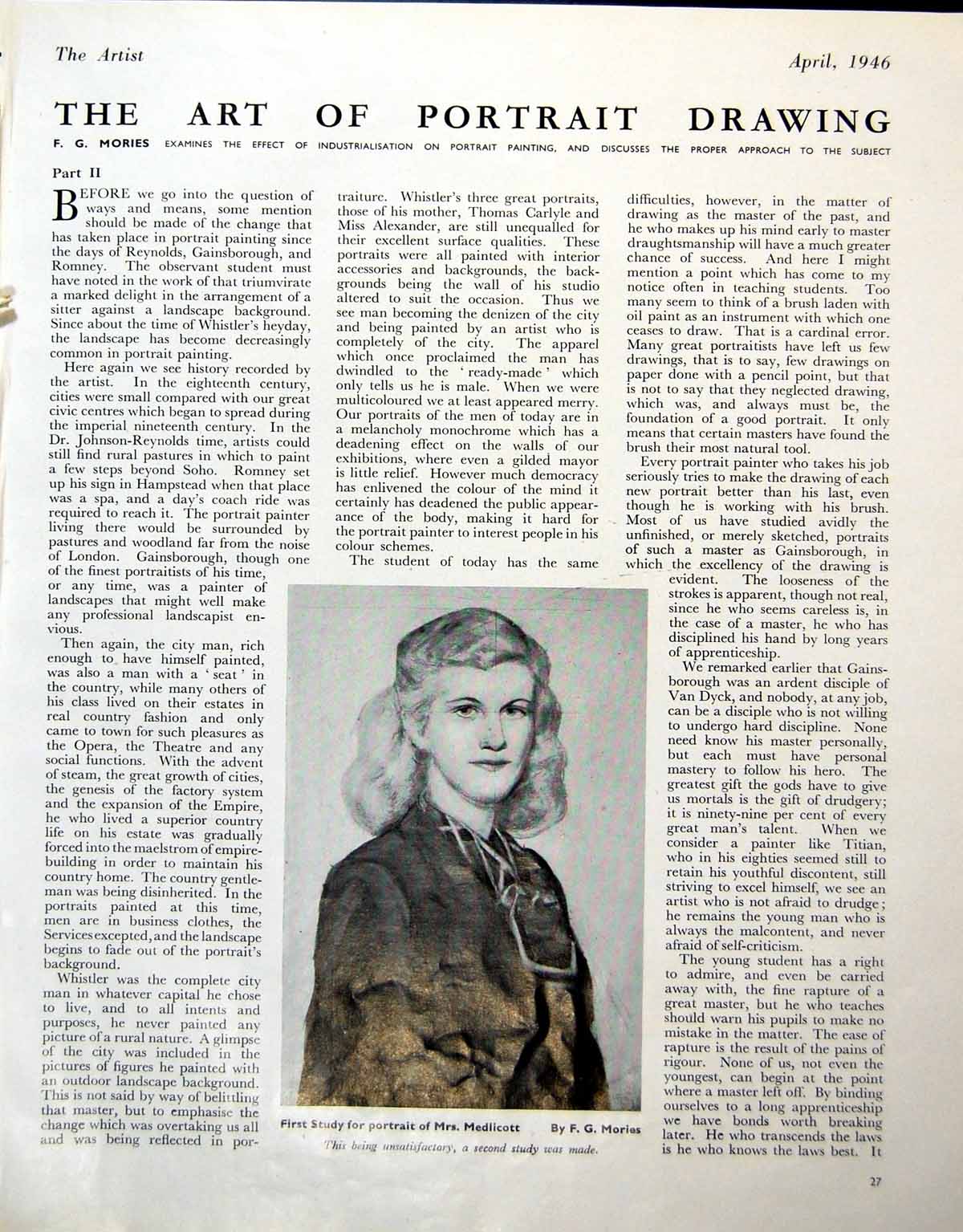 Antique Print Study Portrait Mrs Medlicott Fg Mories Woman Headscarf 1946 0 20th