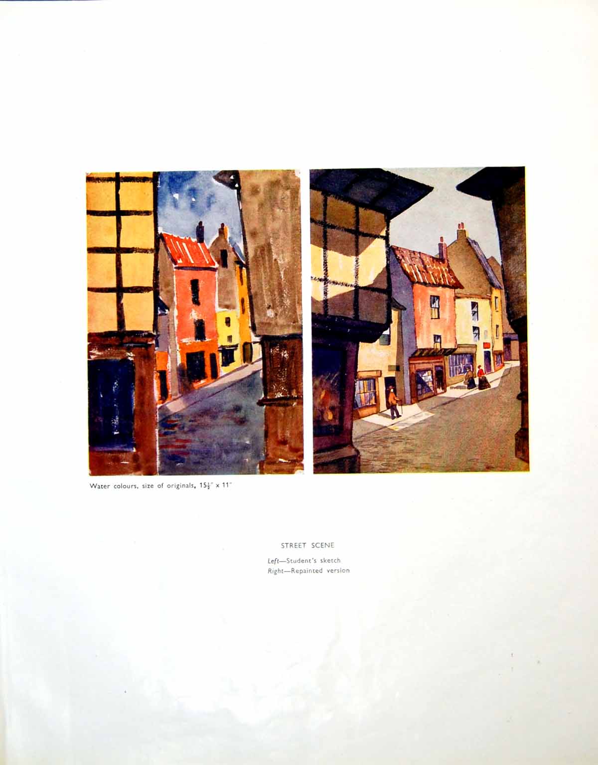 Antique Old Print Street Scene Student Sketch Repainted Version People 1946
