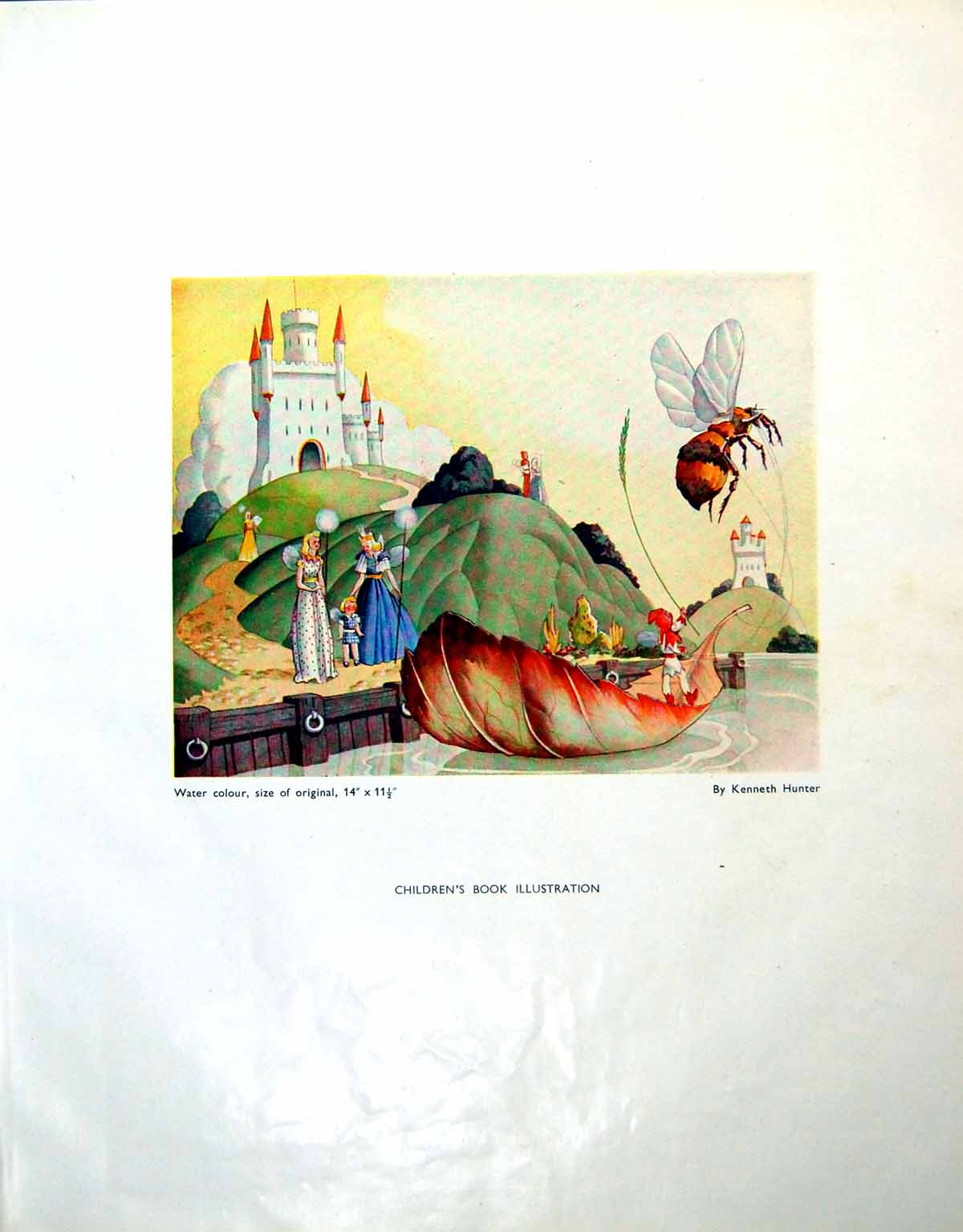 Old Print Children'S Book Illustration K Hunter Castle Bee Leaf Boat 1946 20th