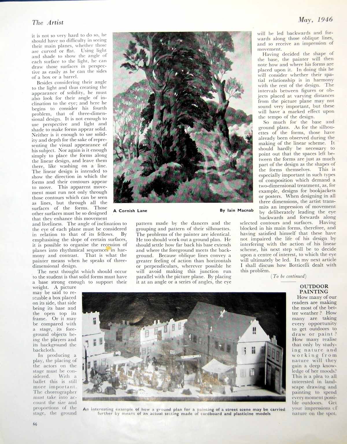 Antique Print Cornish Lane Trees Iain Macnab Street Setting Cardboard 1946 20th