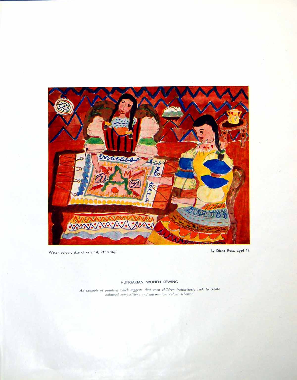Antique Old Print Hungarian Women Sewing Diana Ross Aged 12 Colourful 1946