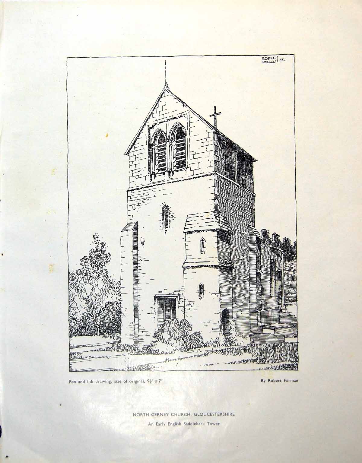 Antique Old Print North Cerney Church Gloucestershire R Forman Sketches 1946 0
