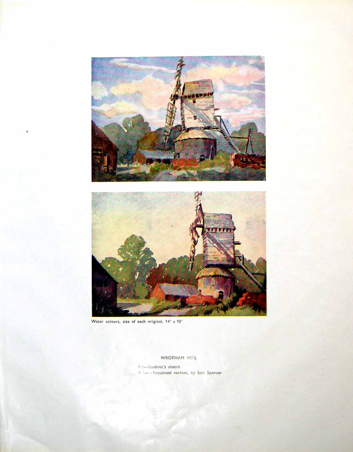 Antique Old Print Wrotham Mill Student'S Sketch Repainted Windmill Trees 1946