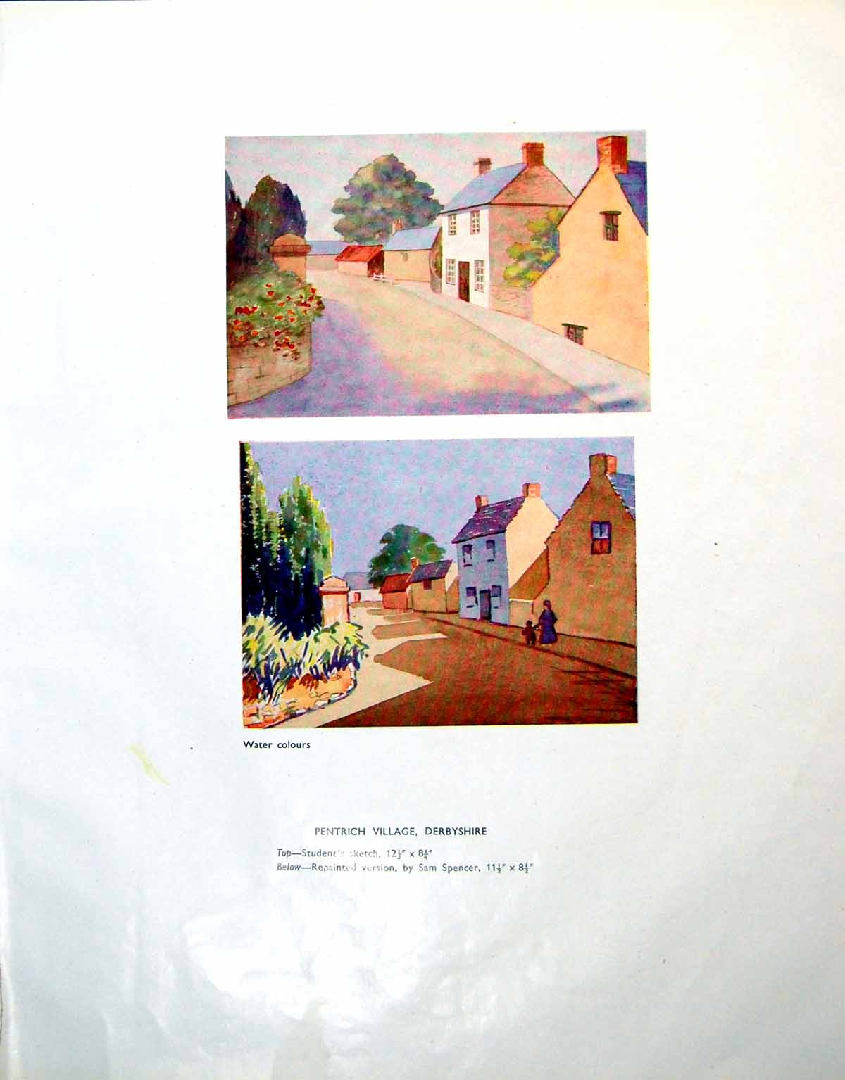 Antique Old Print Pentrich Village Derbyshire Watercolour Student Sketch 1946