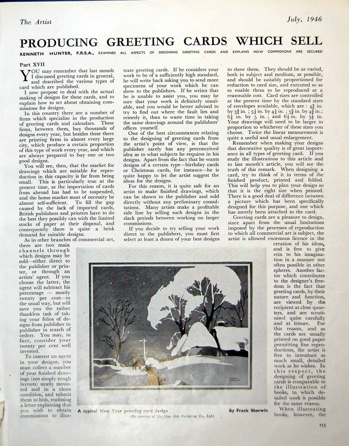 Original Old Vintage Print Frank Sherwin New Years Card Design Christmas 1946