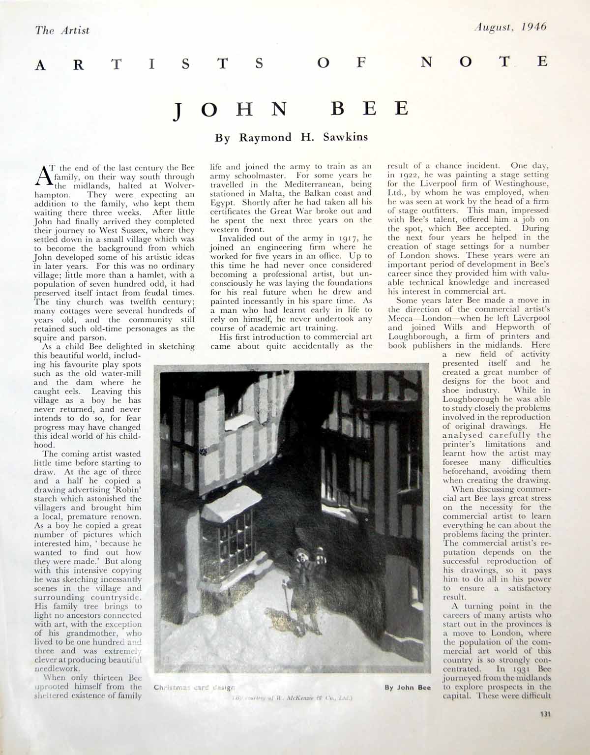 Antique Old Print Christmas Card Design John Bee Showcard Saxone Shoes 1946