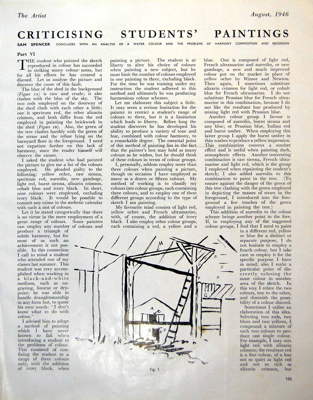 Antique Old Print Criticising Students' Paintings Barn Drawing Ladder 1946 20th