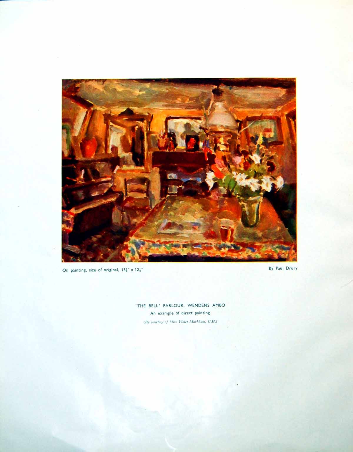 Old Print The Bell Parlour Wendens Ambo Paul Drury Interior Flowers 1946 20th