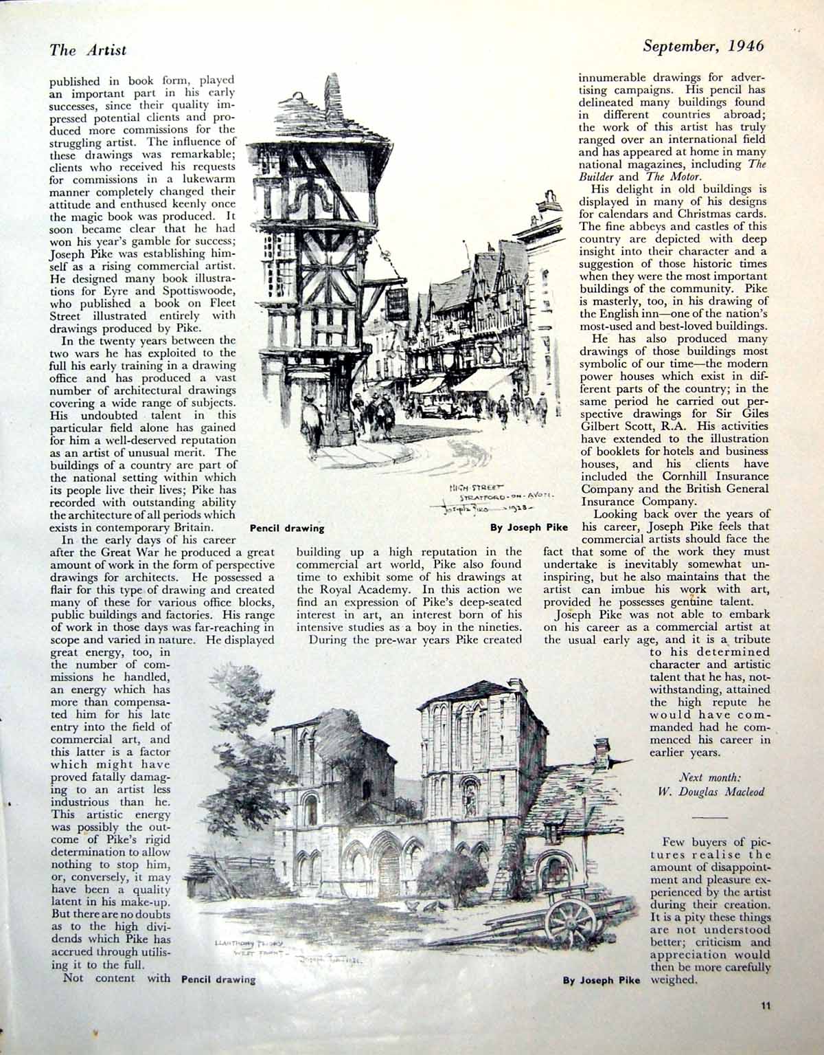 Antique Print Pencil Drawings Buildings J Pike Landscape River Cotman 1946