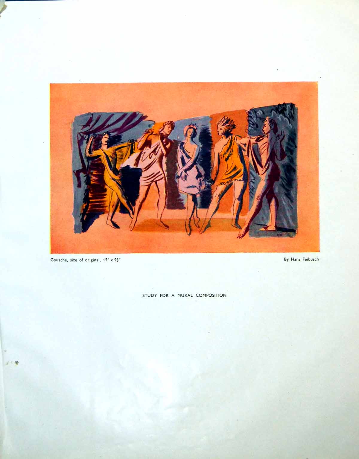 Antique Print Study For Mural Composition Figures Movement H Feibusch 1946 20th