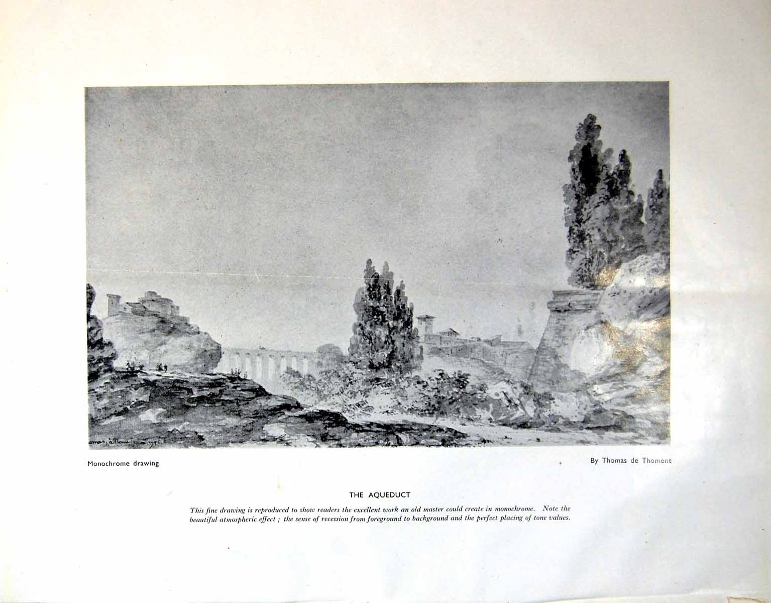 Original Old Vintage Print Aqueduct Monochrome Drawing Thomas De Thomont 1946