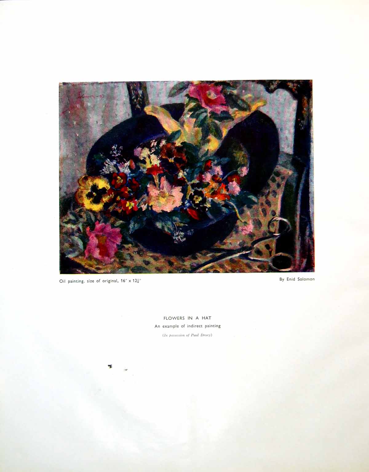 Antique Print Flowers In Hat Enid Solomon Oil Painting Scissors Chair 1946 20th