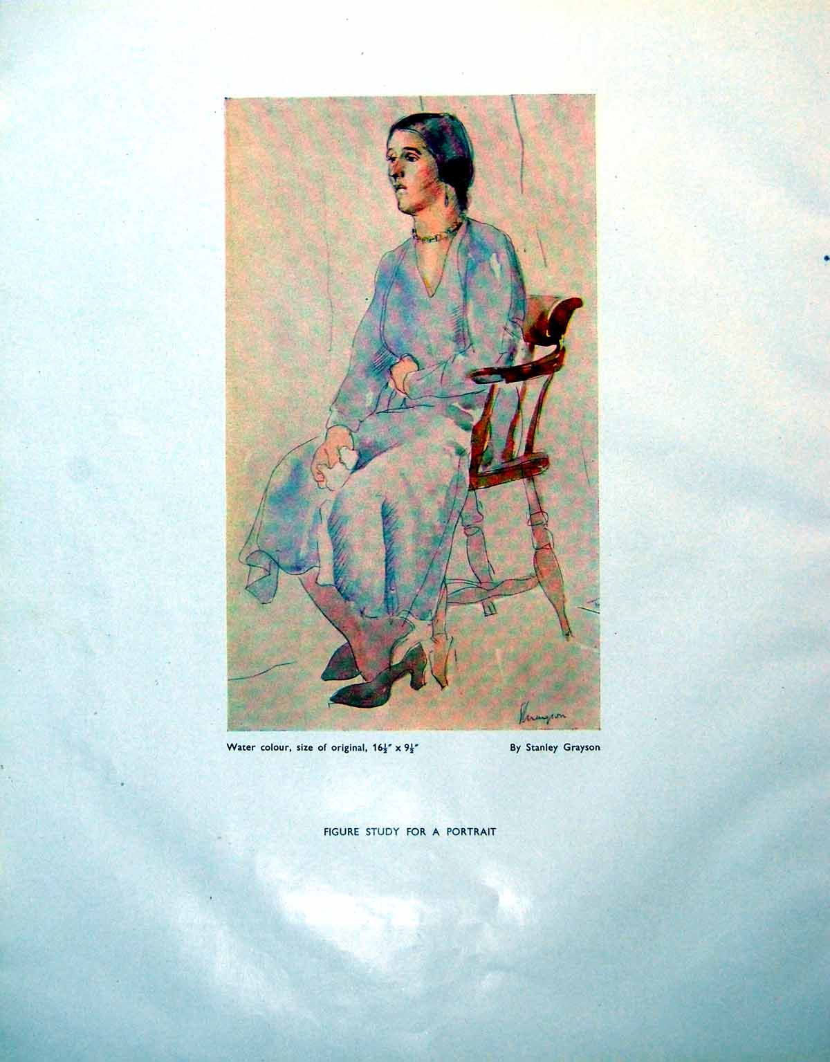 Antique Old Print Figure Study For Portrait Stanley Grayson Watercolour 1946