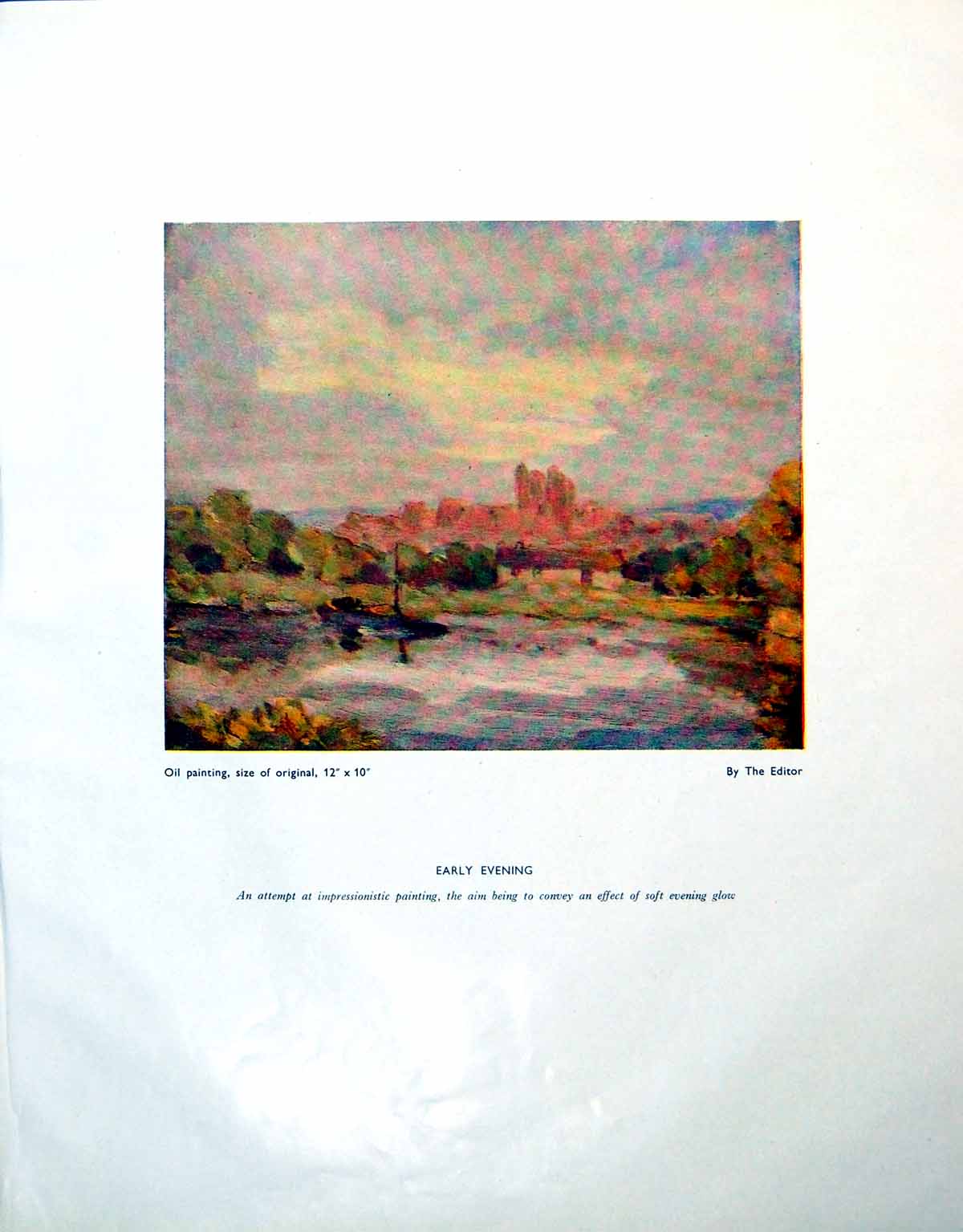 Antique Old Print Early Evening Editor Soft Glow Boat Water Castle Ruins 1946