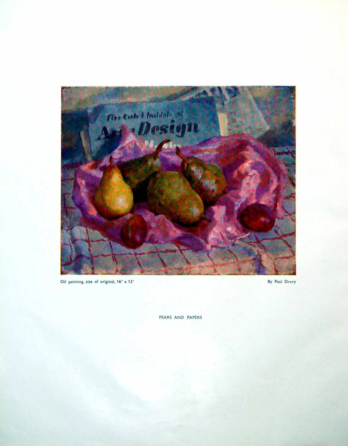 Antique Print Pears And Papers Paul Drury Oil Mural Painting Hw Smith 1946