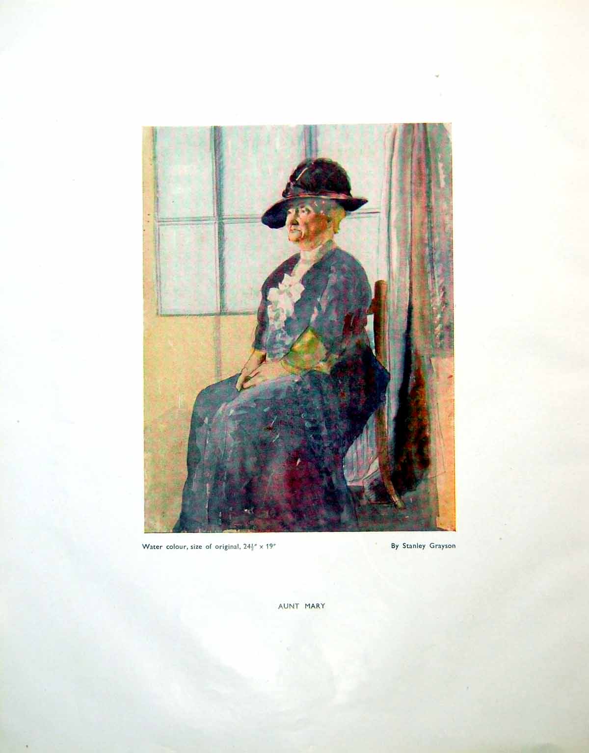 Antique Old Print Aunt Mary Watercolour Stanley Grayson Elderly Lady Hat 1946