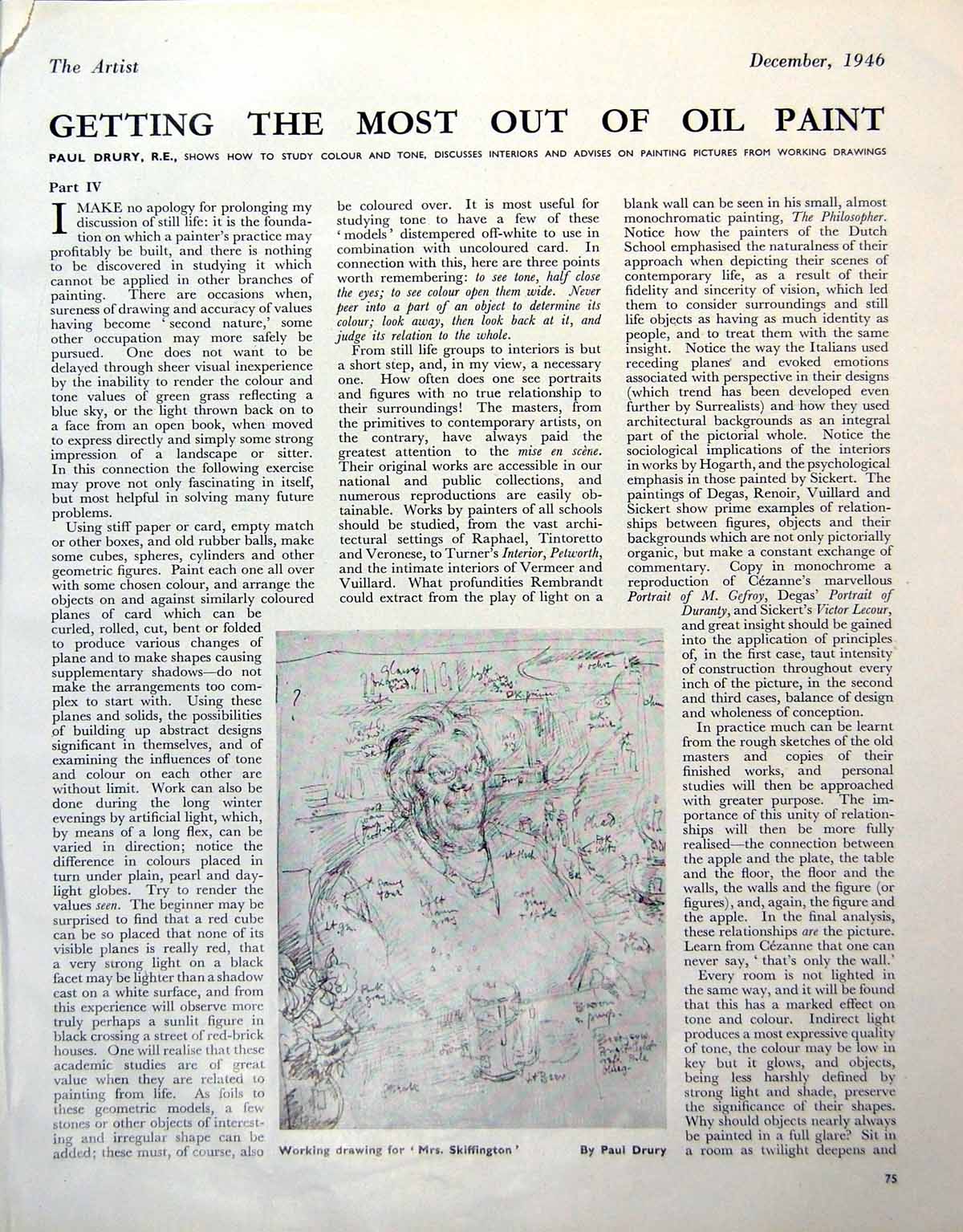 Antique Old Print Working Drawing Mrs Skiffington P Drury Final Piece 1946