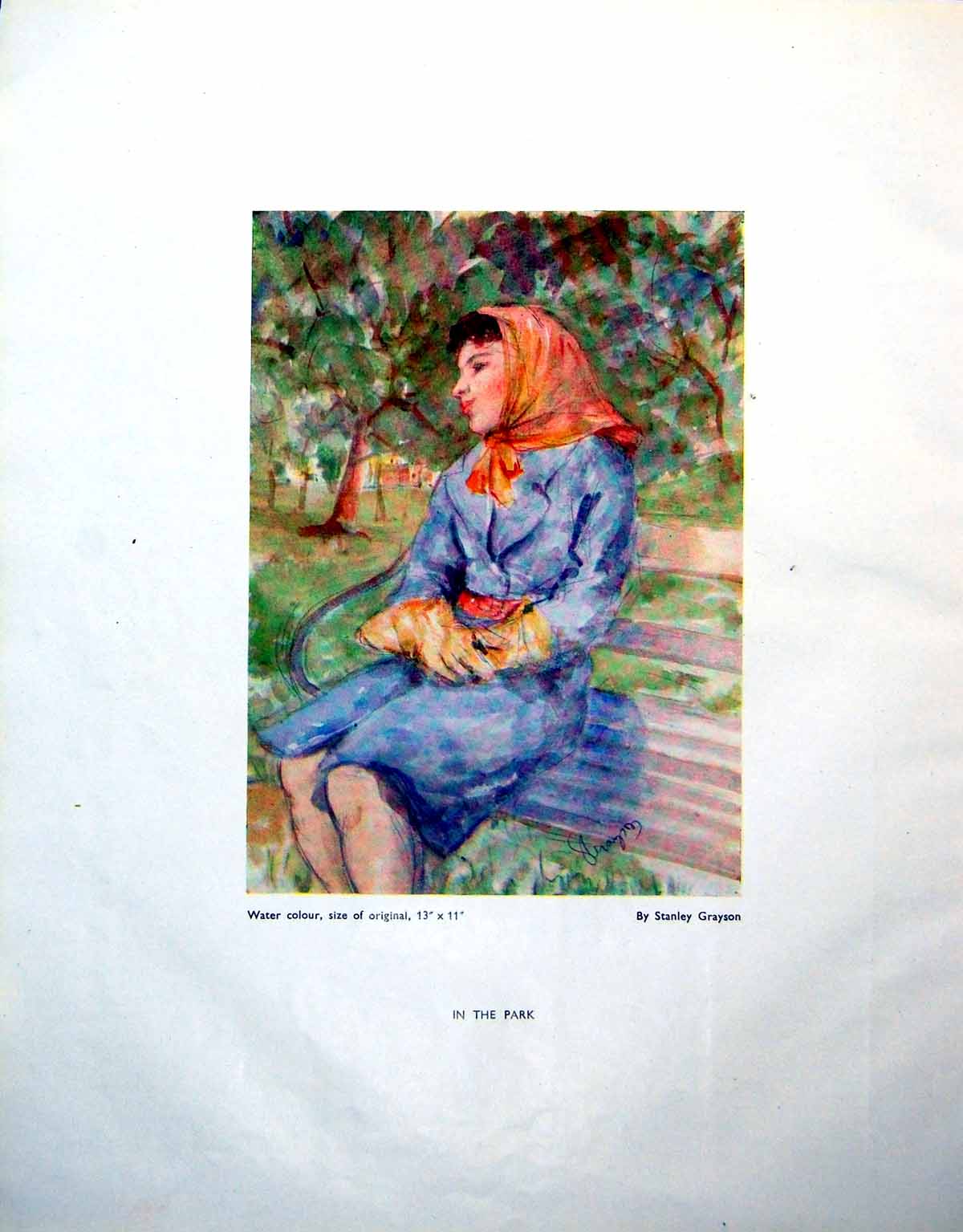 Antique Old Print In The Park Stanley Grayson Lady Bench Molly Portrait 1946