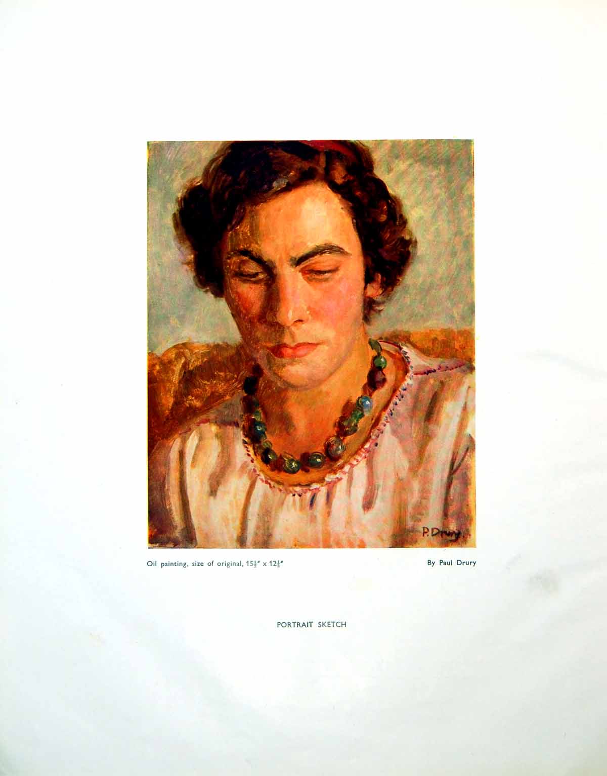 Antique Old Print Portrait Sketch Oil Painting Paul Drury Lady Necklace 1947