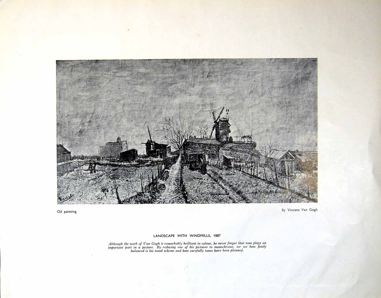 Antique Old Print Landscape With Windmills Van Gogh Wine Frank Brangwyn 1947