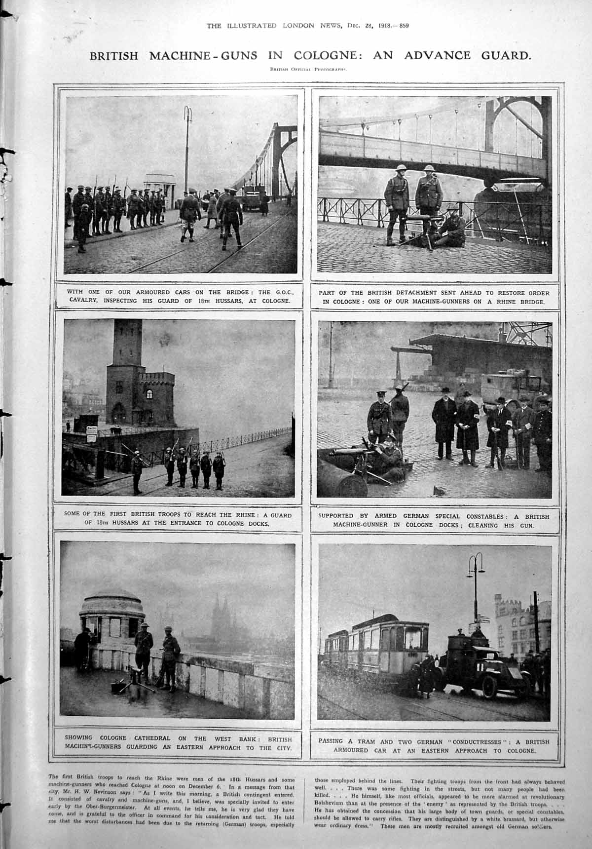 Antique Print British Cologne Advance Guard Hussars Armoured Car Tram 1918 20th