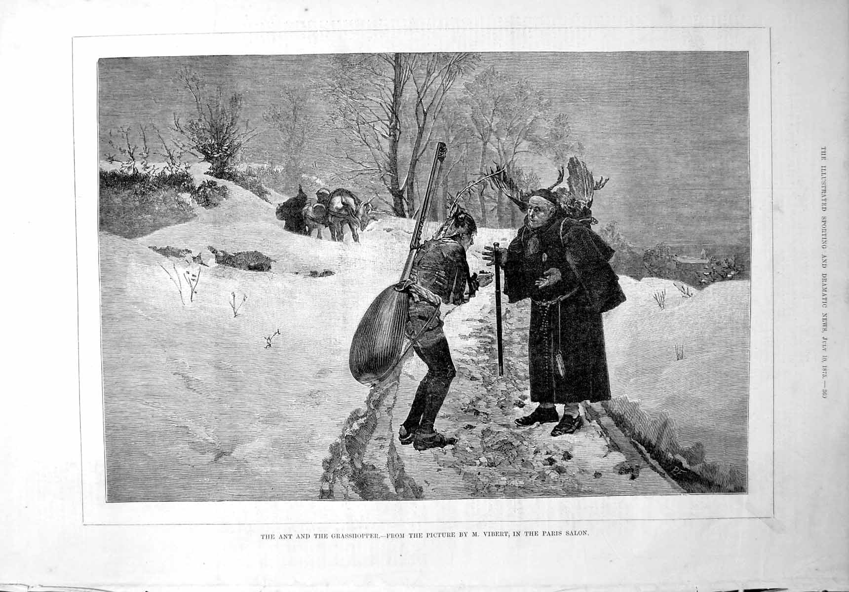 Antique Print Ant Grasshopper M Vibert Lad Snow Musical Instrument Man 1875