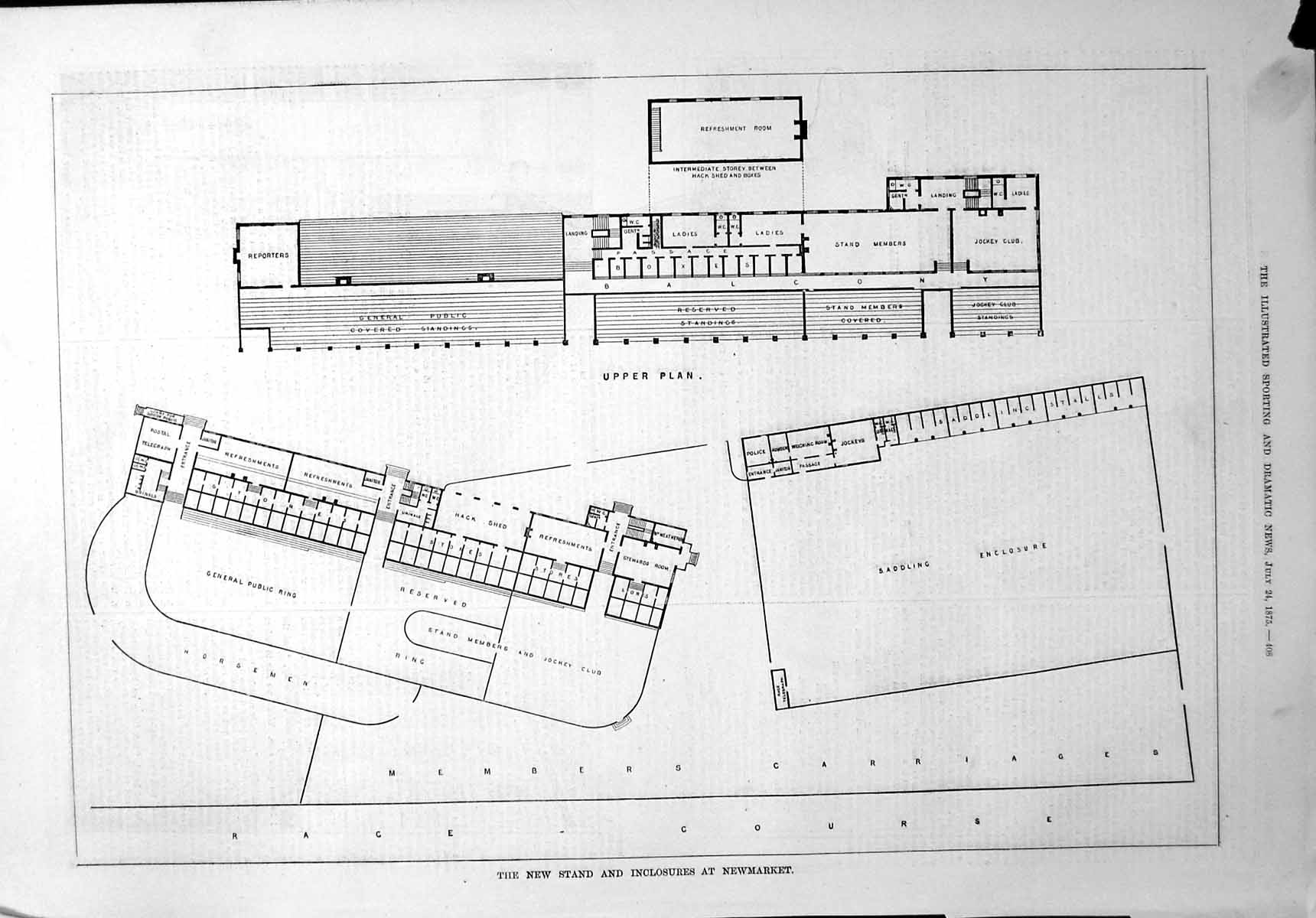 Antique Old Print New Stand Enclosures Newmarket Plan Members Carriages 1875