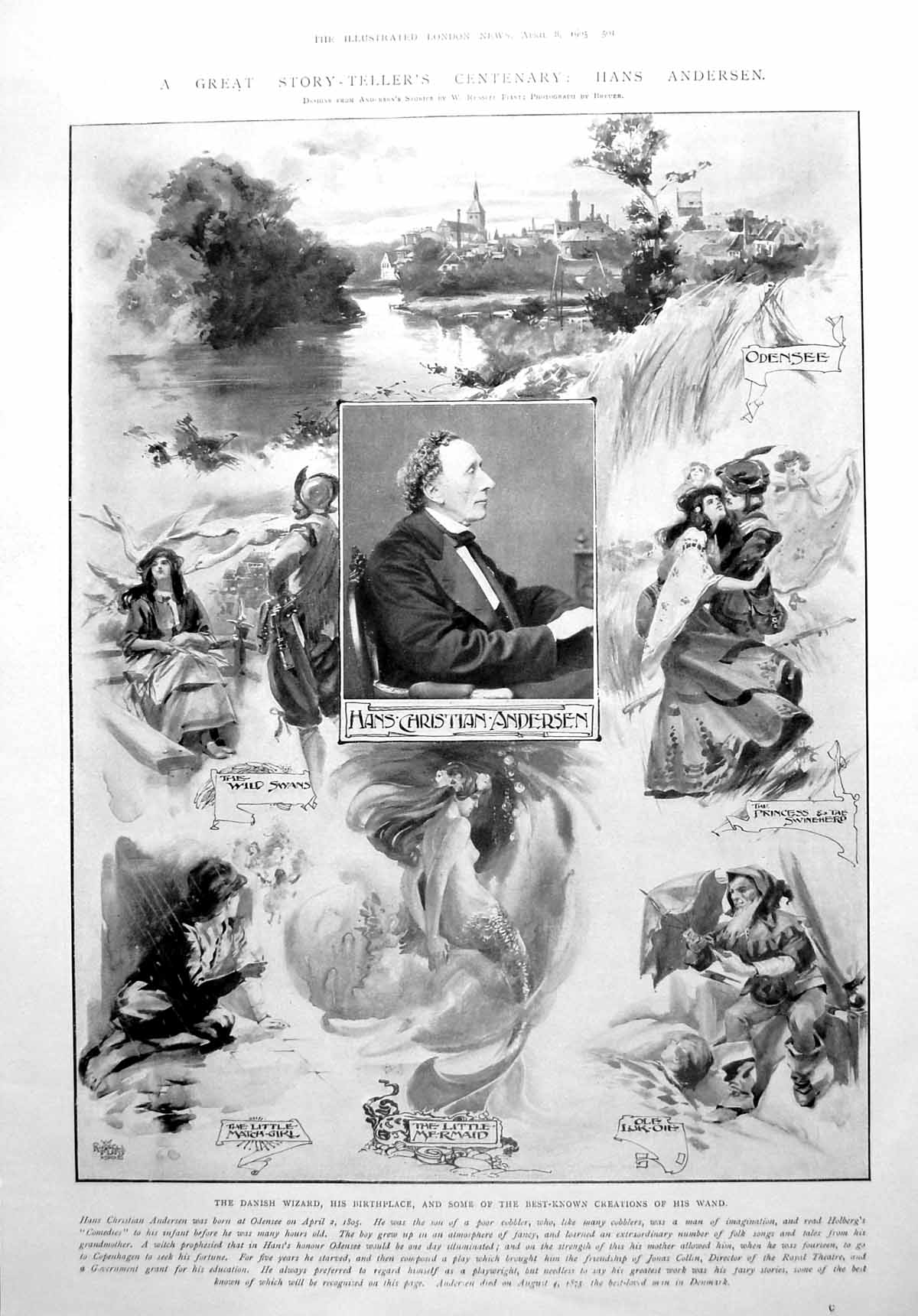 Antique Old Print Hans Anderson Centenary Odensee Portrait Illustrations 1905