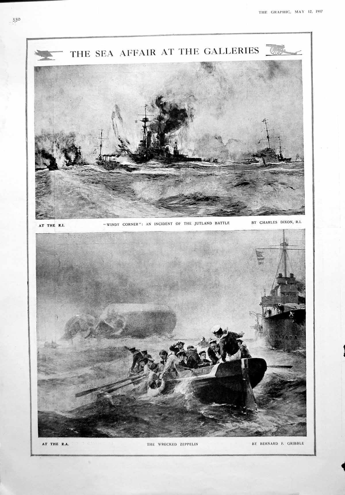 Old Print Sea Affair Art Windy Corner Charles Dixon Wrecked Zeppelin 1917 20th