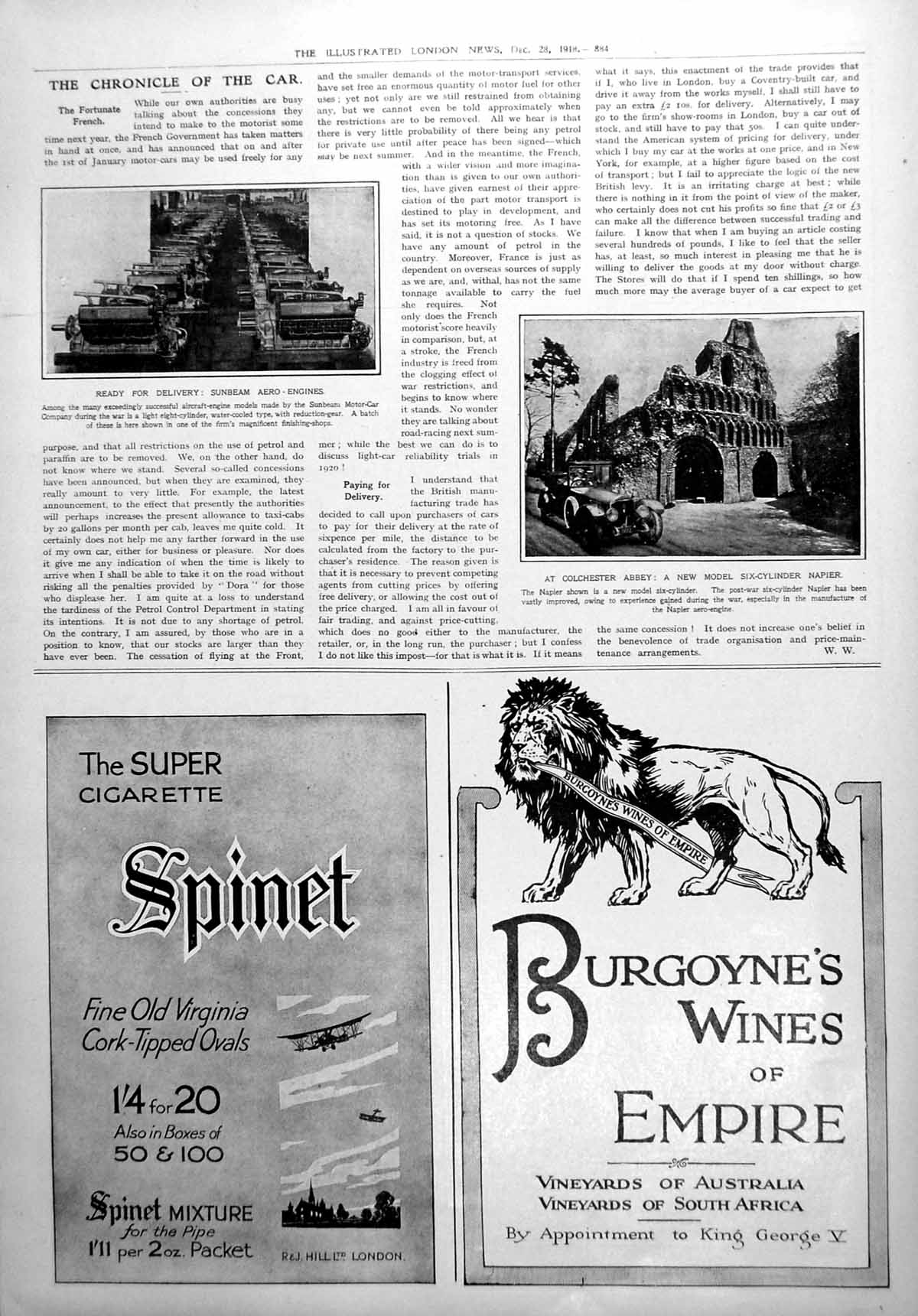 Antique Old Print Sunbeam Aero-Engines Six-Cylinder Napier Spinet Advert 1918