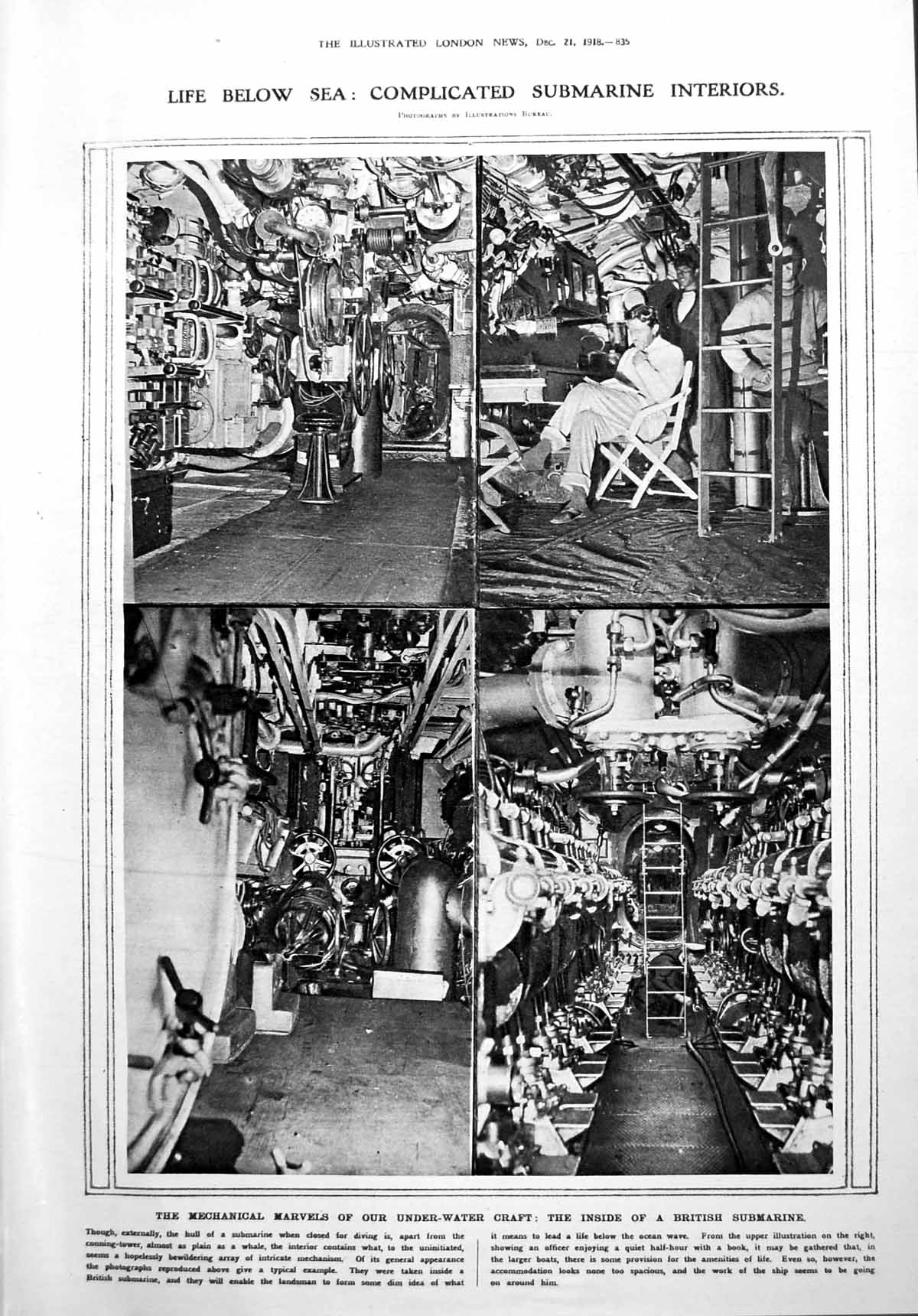 Old Print Inside British Submarine Cease Firing Mons-Charleroi Road 1918 20th