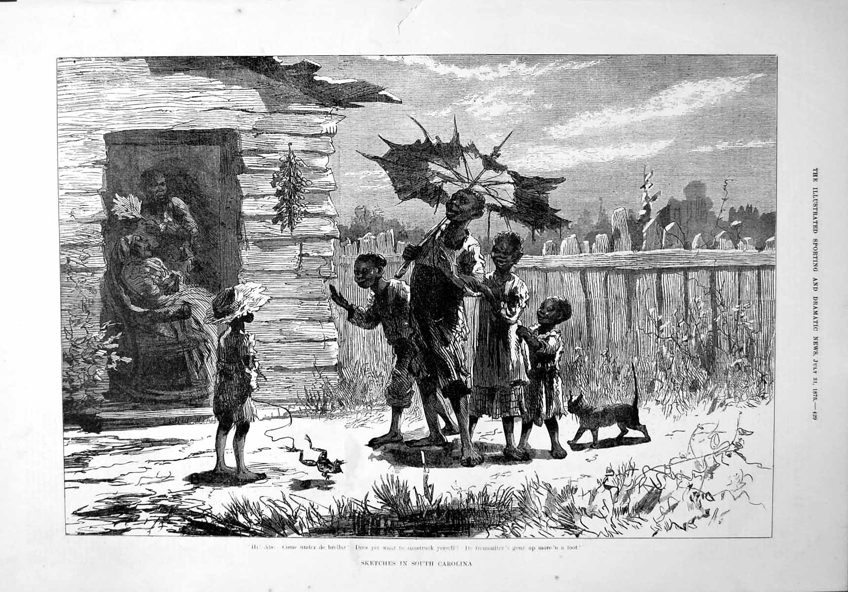 Antique Print Sketches South Carolina Black Family Gentlemen Rushing 1875 19th
