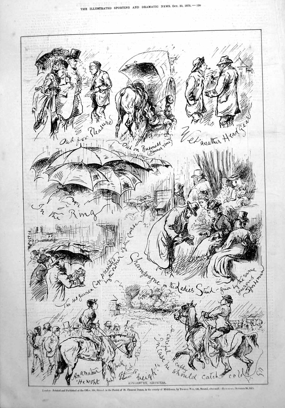 Antique Print Kingsbury Showers Sketches People Horses Stalking Horse 1875