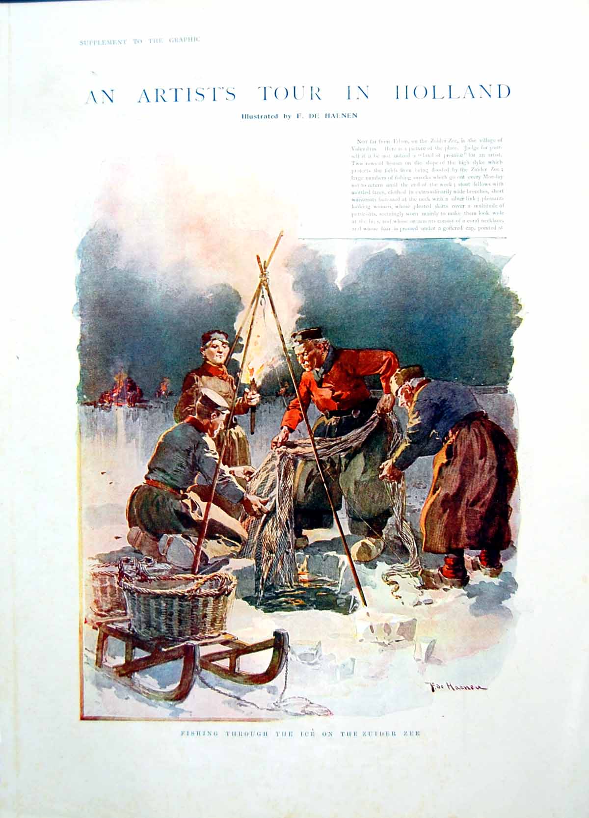 Antique Old Print Fishing Ice Zuider Zee Canal Volendam Water Omnibus 1903