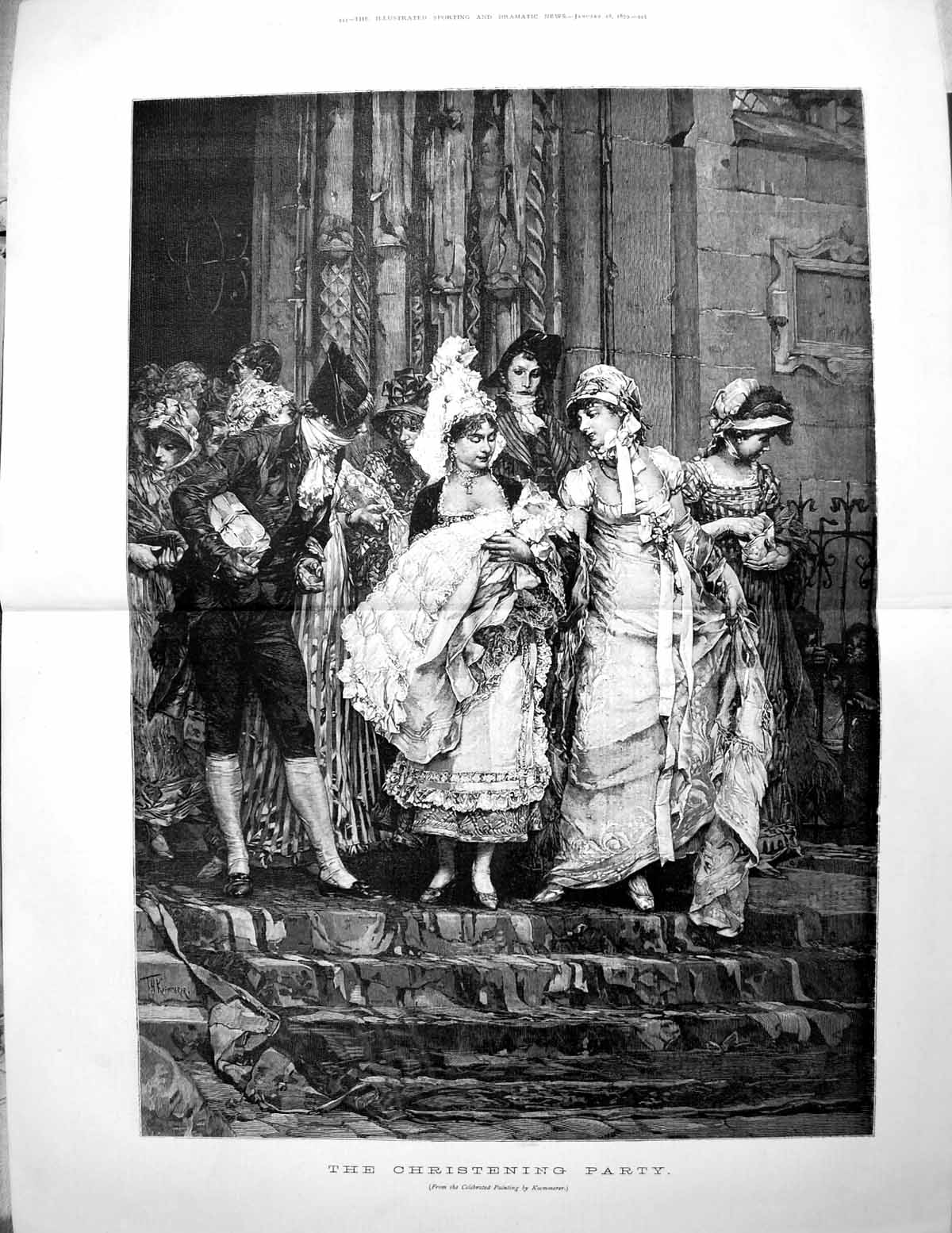 Old Print The Christening Party Koemmerer Costume Ladies Gents Baby 1879 19th
