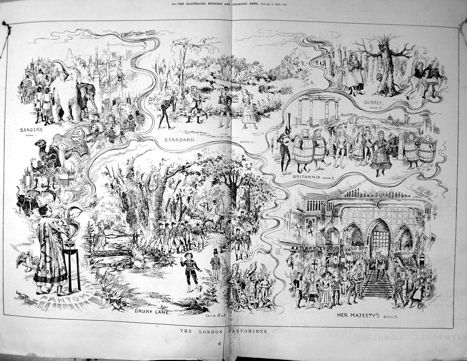 Old Print London Pantomimes Sangers Standard Surrey Britannia Drury 1884 19th