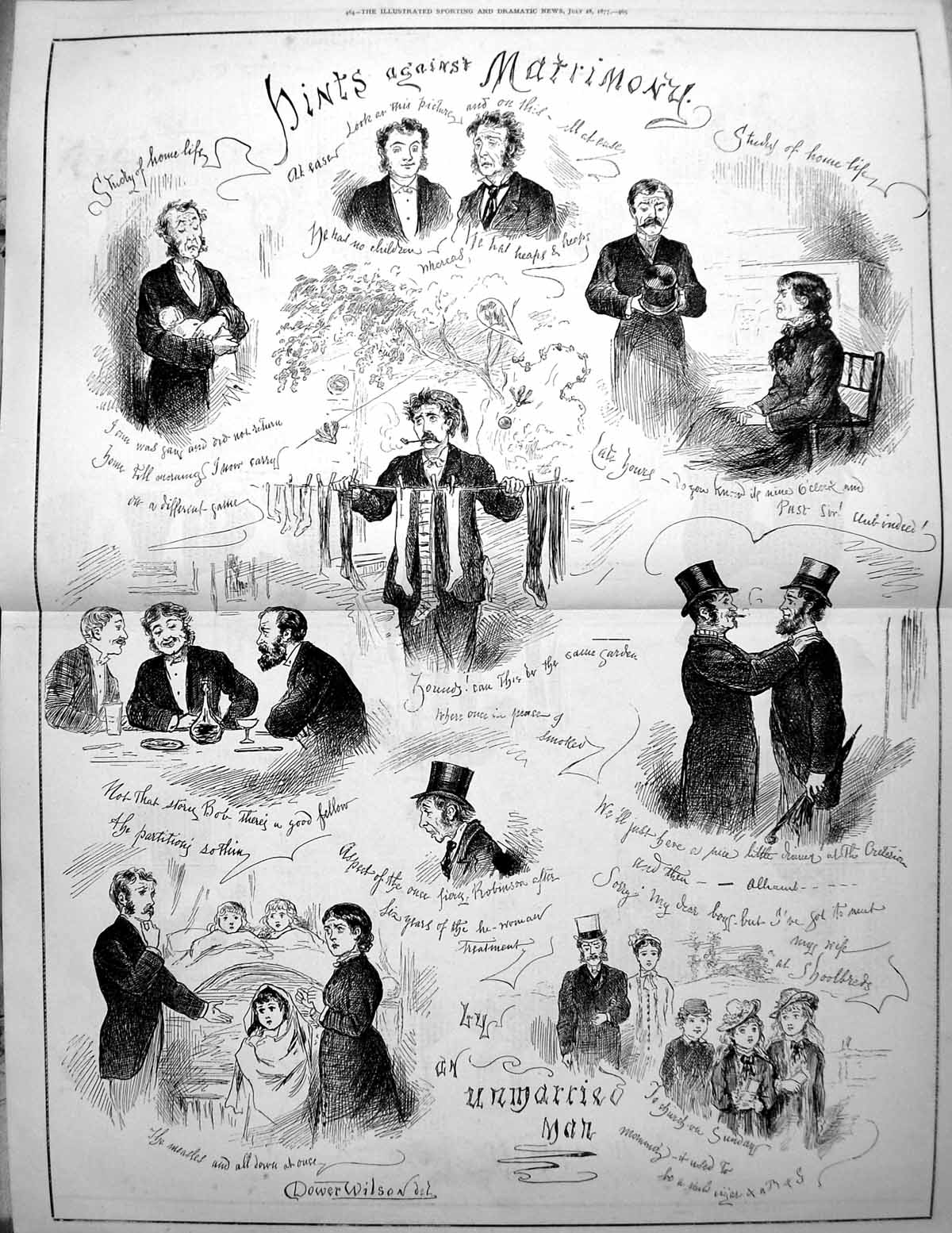 Old Print Hints Against Matrimony A Bachelor'S Consolation Sketches 1877 19th