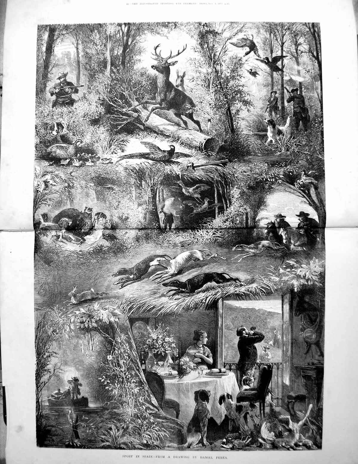 Old Print Sport Spain From Drawing Daniel Perea Deer Dogs Shooting 1875 19th
