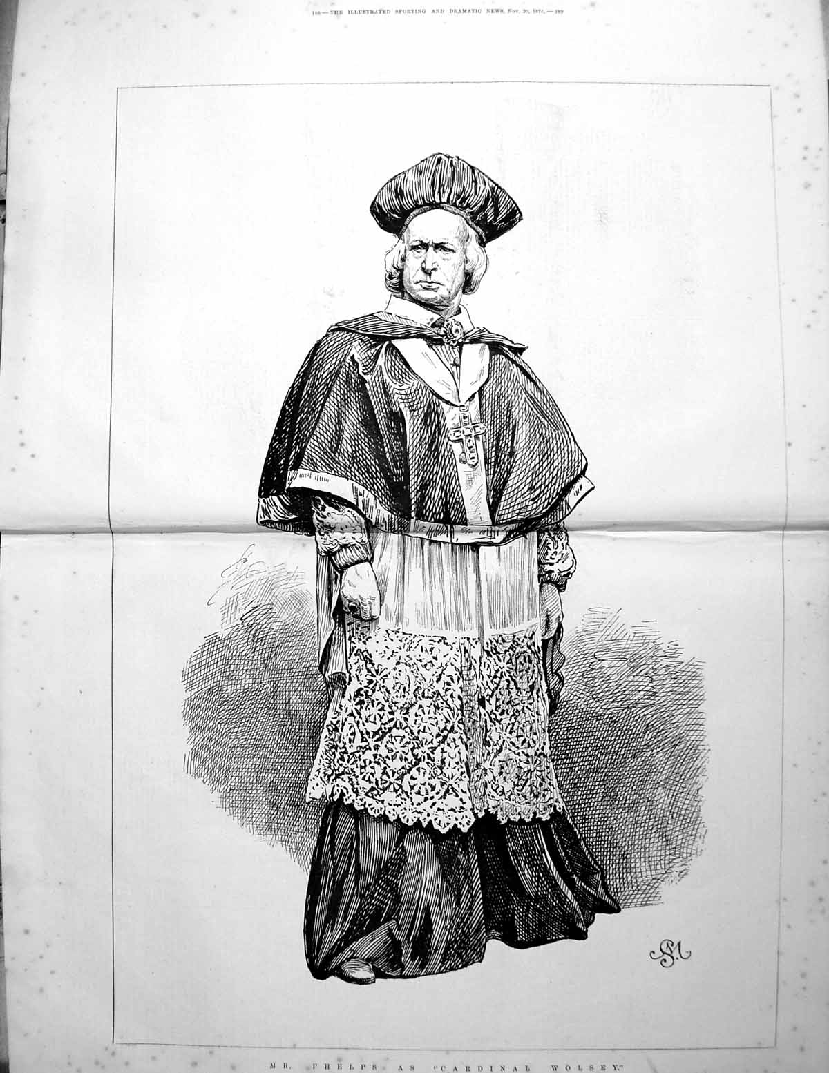 Antique Old Print Mr Phelps As Cardinal Wolsey Full Costume Lace Cross 1875