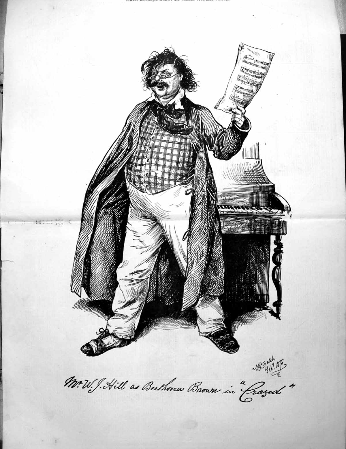 Old Print Mr W J Hill As Beethoven Brown In Crazed M Stretch Sketch 1876 19th