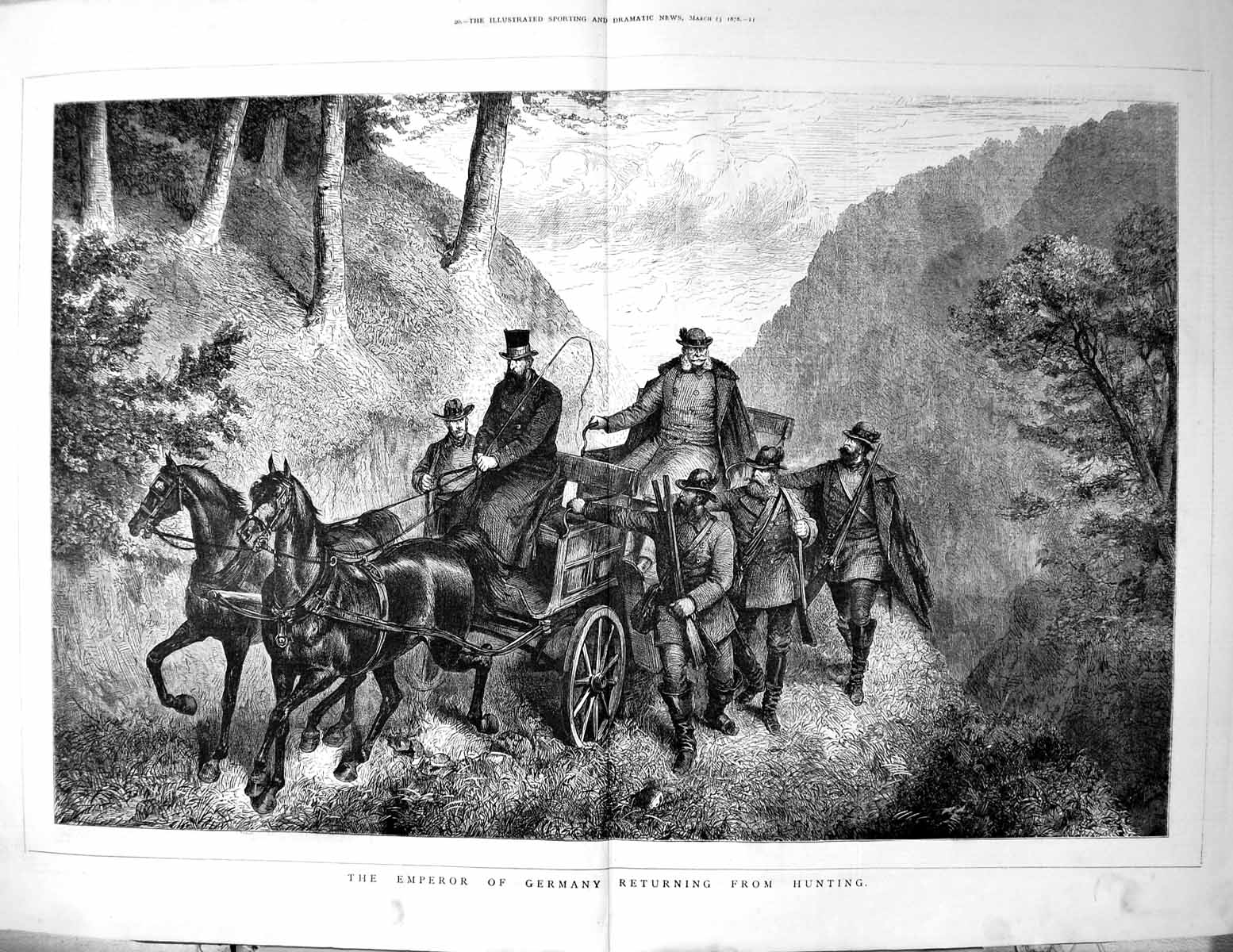 Original Old Antique Print Emperor Germany Returning From Hunting Horses 1878