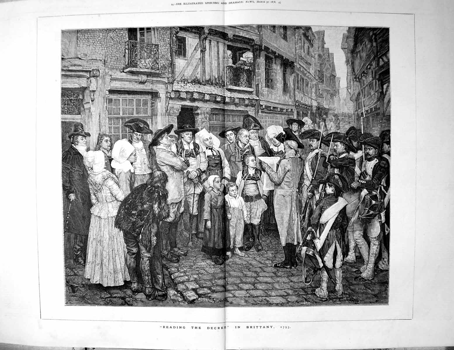 Antique Old Print Reading The Decree Brittany 1793 Man Siers Onlookers 1878